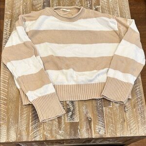 Striped Crew Neck Sweater - Tan and White